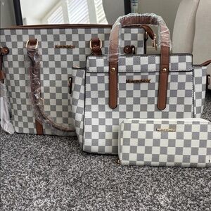 Montana West White and Brown Checkered Tote Set